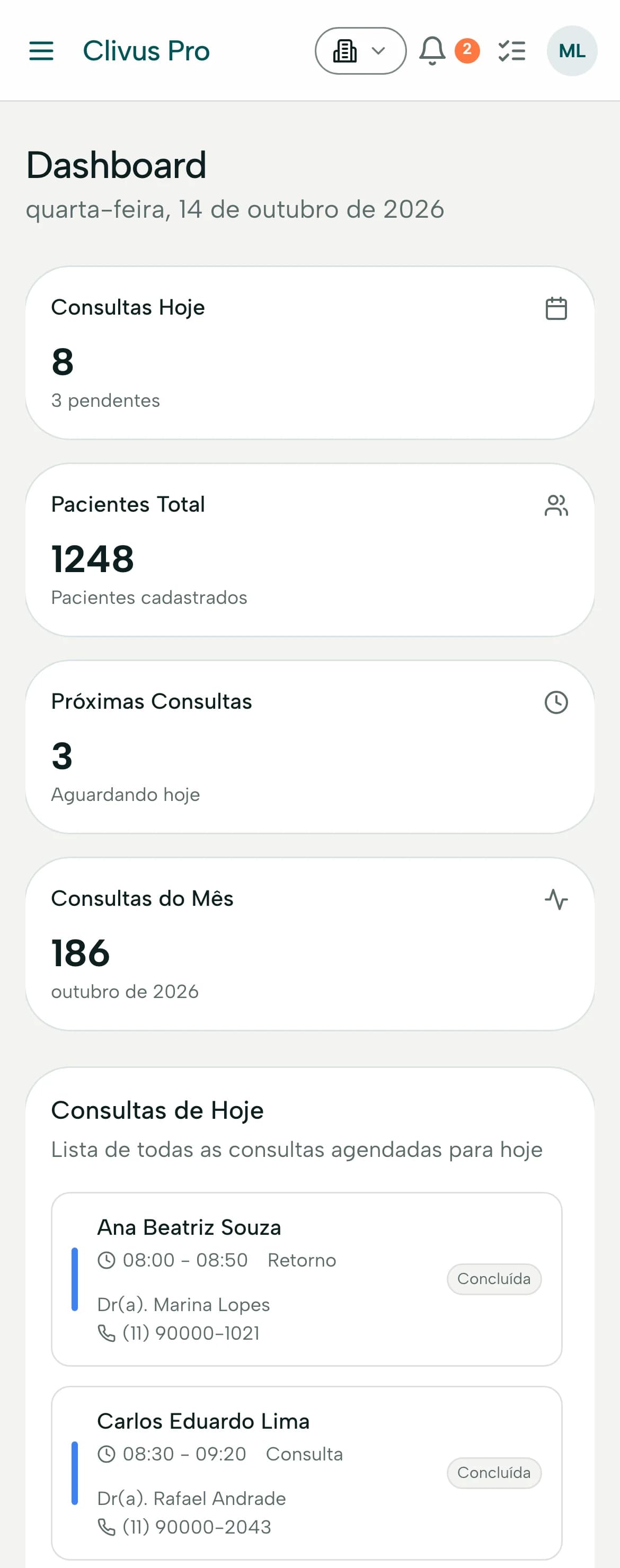Tela inicial do Clivus Pro com as consultas do dia, pacientes e indicadores da clínica